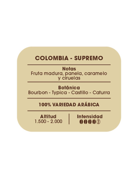 Etiqueta información café Colombia Supremo