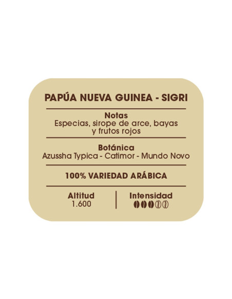 Etiqueta información café Papúa Nueva Guinea, Sigri