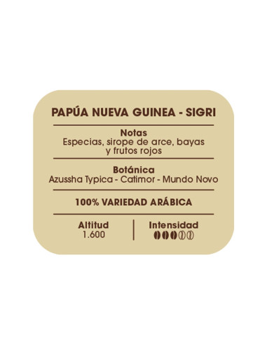 Etiqueta información café Papúa Nueva Guinea, Sigri